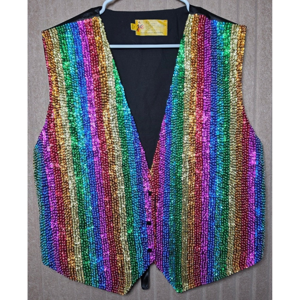 JC Rainbow Sequin Vest XL 18-20 Pride Festival Disco Glam Snap Front Cinch